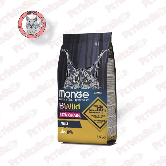 Monge Bwild Low Grain Adult Cat - zečetina - hrana za odrasle mačke - 1,5kg Granule Monge - Bwild petwebshop.com