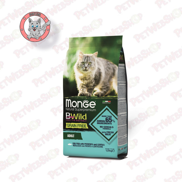 Monge BWild Adult cat Grain Free - bakalar, sočivo, krompir - hrana za odrasle mačke  - 1,5kg Granule Monge - Bwild petwebshop.c