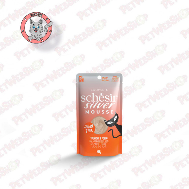 Schesir Cat Silver - Mus Piletina i Bundeva - vlažna hrana za starije mačke - 80g Sosići - Kesice Schesir petwebshop.com