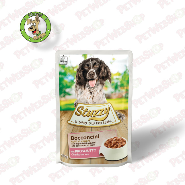 Stuzzy Chunks preliv - komadići šunke - vlažna hrana za odrasle pse - 100g Sosići - Kesice Stuzzy petwebshop.com