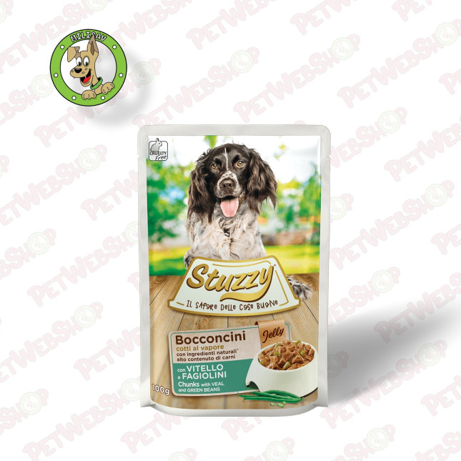 Stuzzy Chunks preliv - komadići teletine i grašak - vlažna hrana za odrasle pse - 100g Sosići - Kesice Stuzzy petwebshop.com