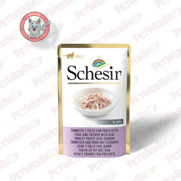 Schesir Cat - tunjevina, piletina i šunka u želeu - vlažna hrana za mačke - 85g Sosići - Kesice Schesir petwebshop.com